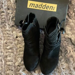 Madden NYC viceroy black wedge boots with buckle. Size 8.5.